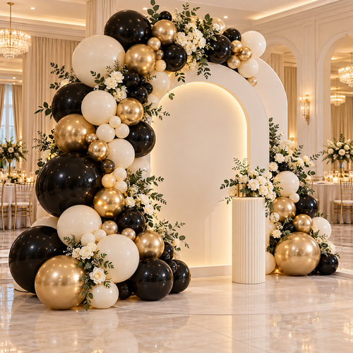 Custom black, white and gold balloon garland with event arch