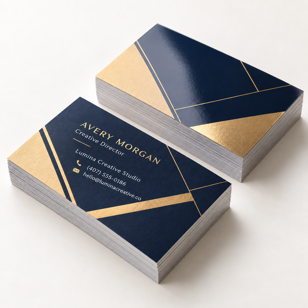 Premium custom business cards printed with fictional sample contact information