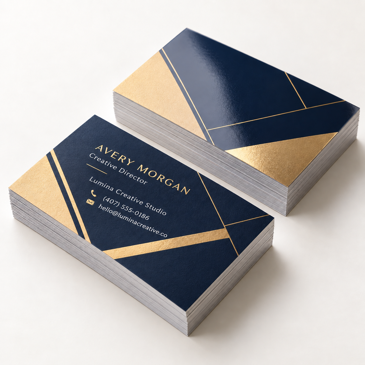 Premium custom business cards printed with fictional sample contact information