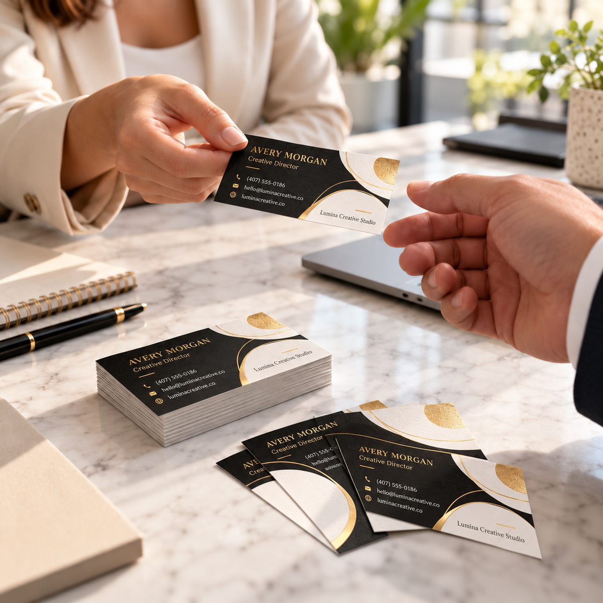 Finished custom business cards with fictional professional contact information