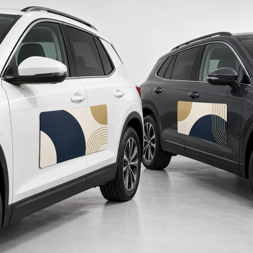 Custom rectangular vehicle door magnets on white and charcoal vehicles