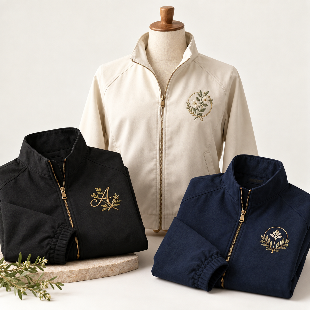 Custom embroidered jackets with professional monogram and botanical designs