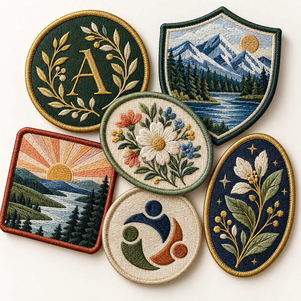 Custom embroidered patches in assorted shapes and stitched designs