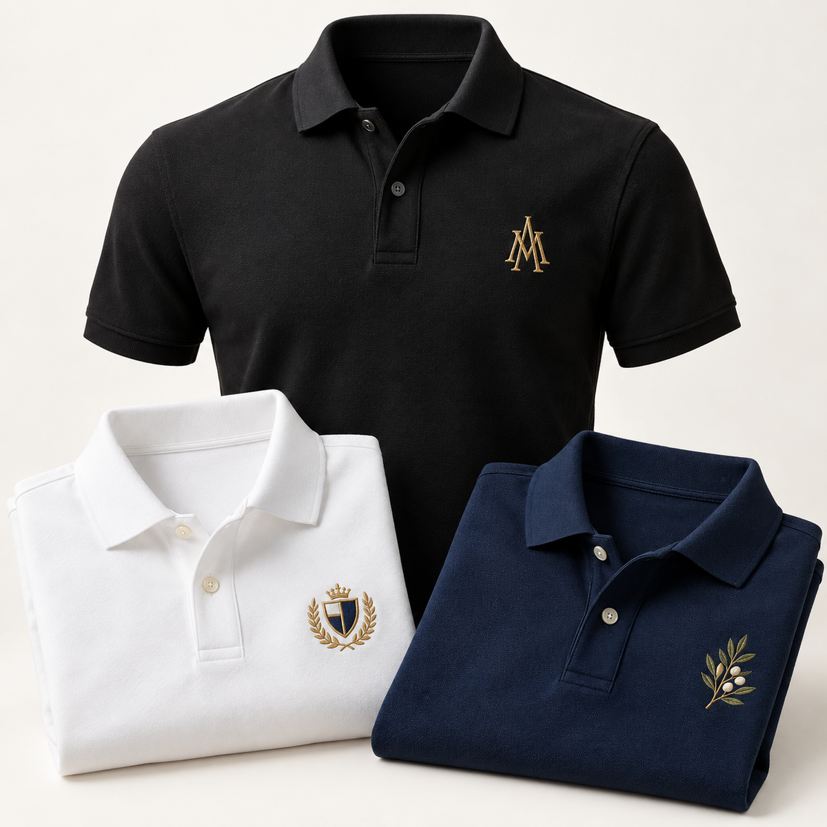 Custom embroidered polo shirts with monogram, crest and botanical designs