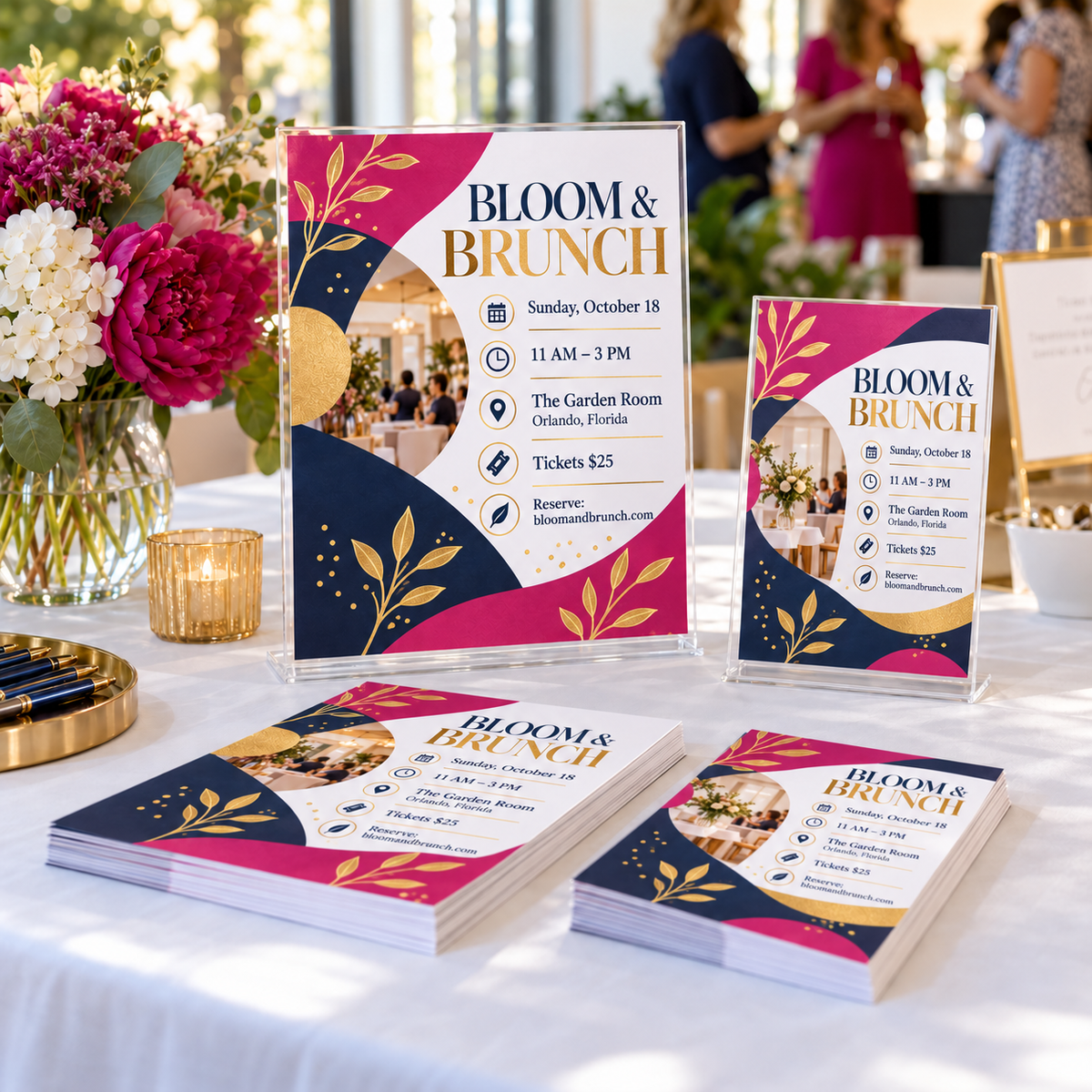 Completed Bloom and Brunch sample event flyers with realistic information