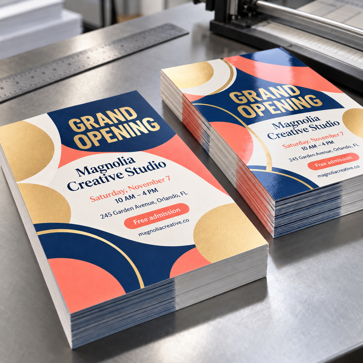 Completed Grand Opening sample flyers in matte and glossy finishes