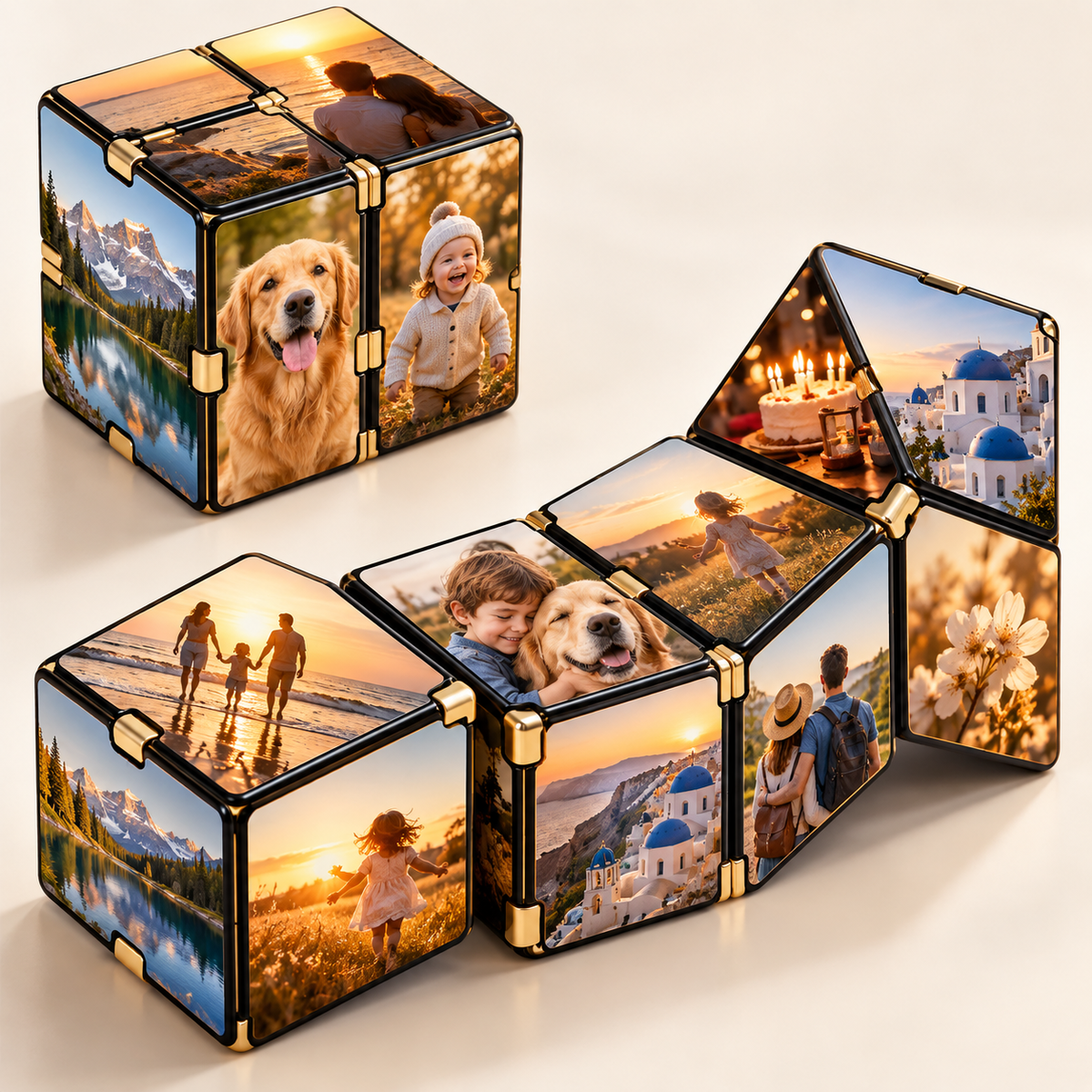 Custom infinity photo cube shown folded and unfolded