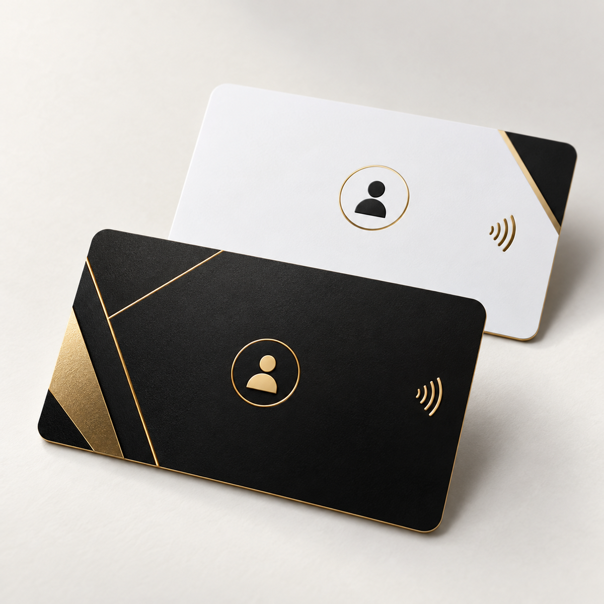 Custom NFC contact cards in black and white with gold accents