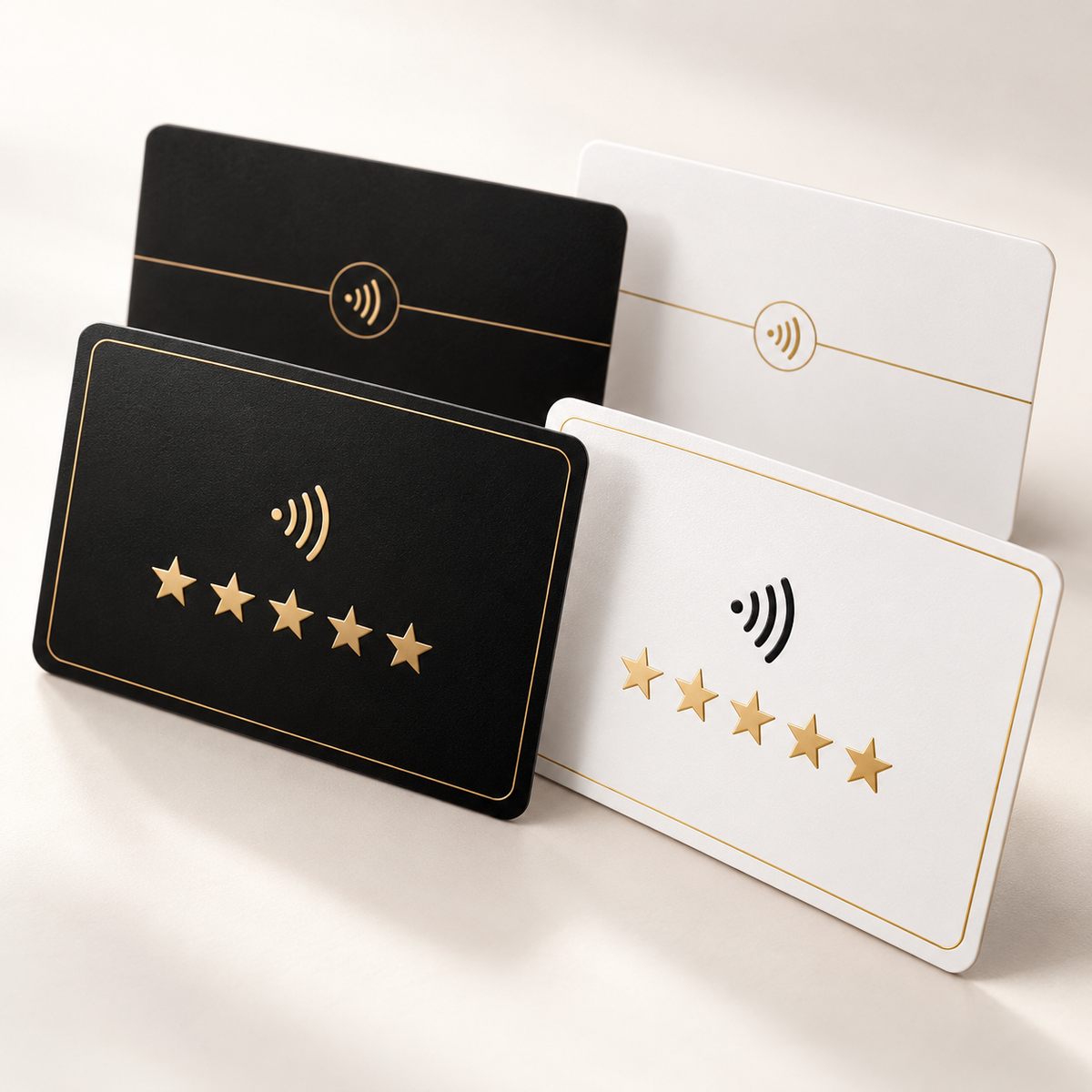 Custom NFC review cards with five-star rating design