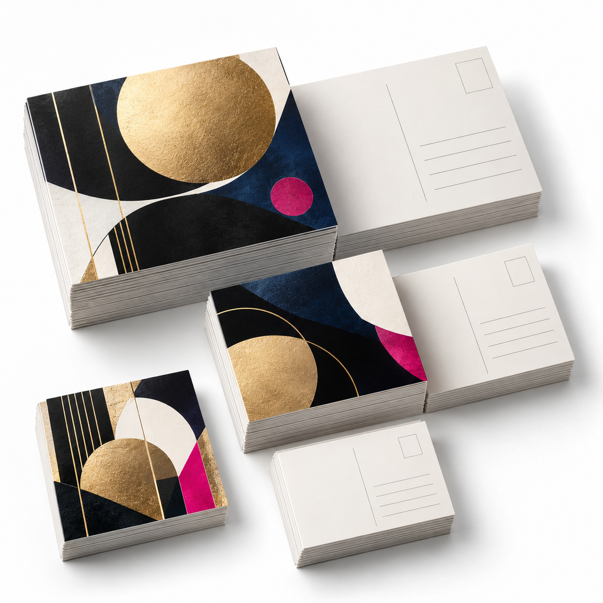 Custom printed postcards in multiple sizes with front and back designs