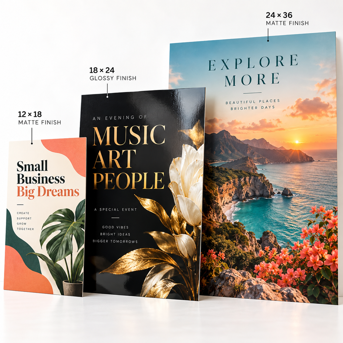 Custom posters in three sizes with matte and glossy finishes