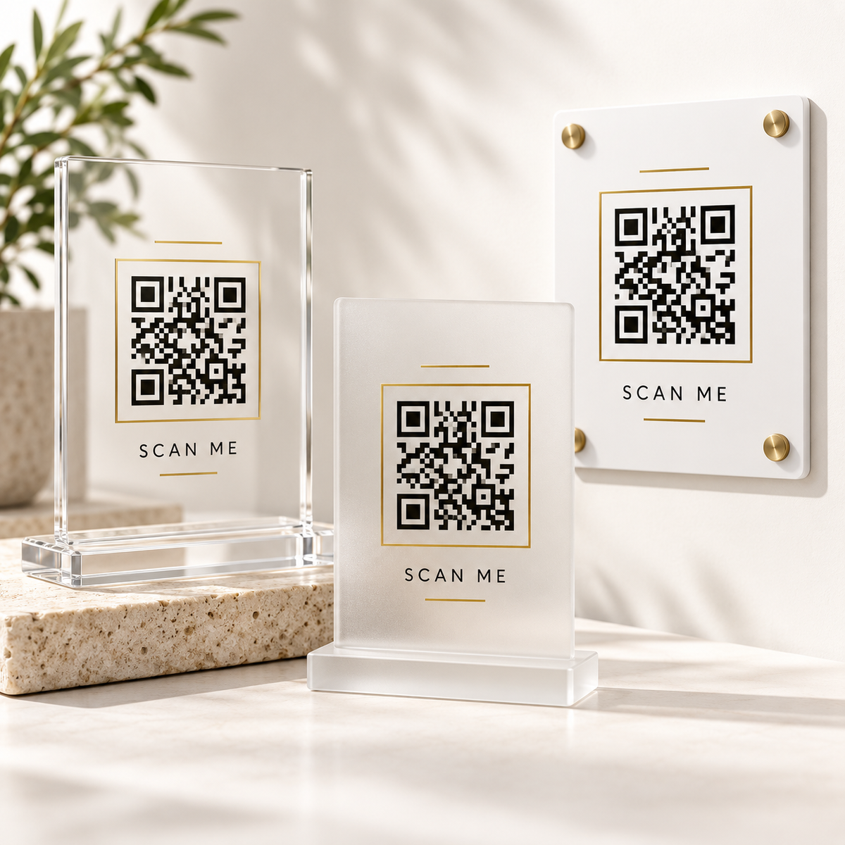 Custom QR code signs in clear acrylic, frosted acrylic and PVC