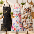 Personalized sublimation aprons with monogram, floral and family cooking designs