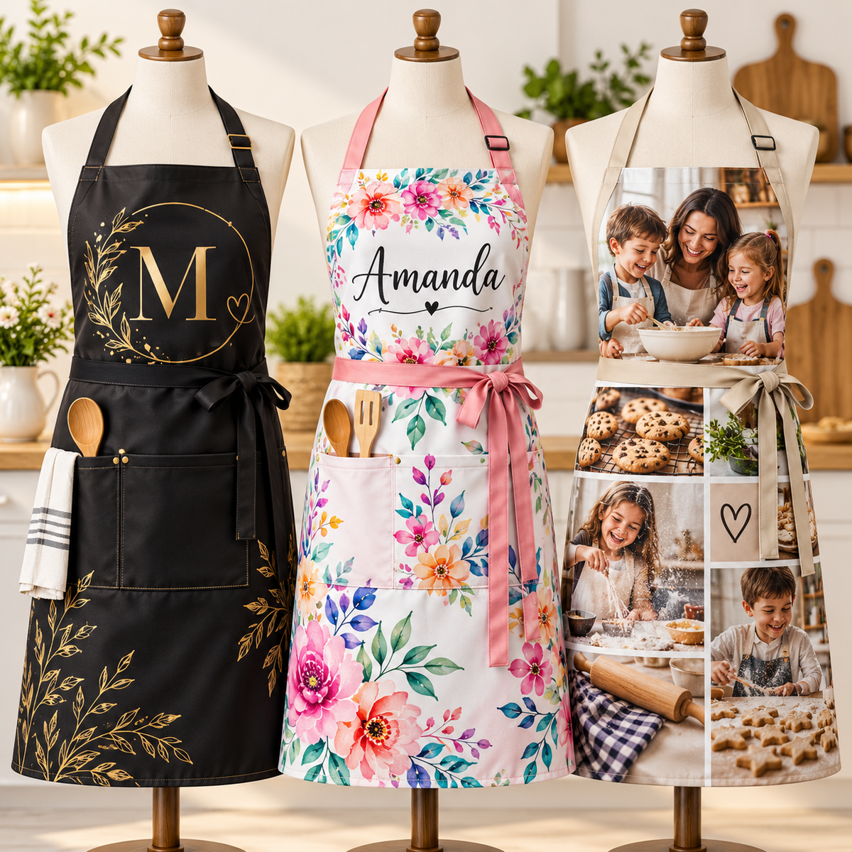 Personalized sublimation aprons with monogram, floral and family cooking designs