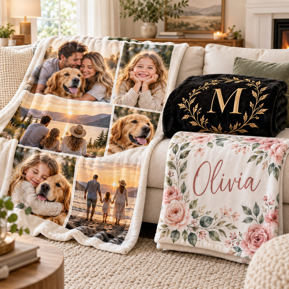 Personalized sublimation blankets with photo collage, monogram and floral designs