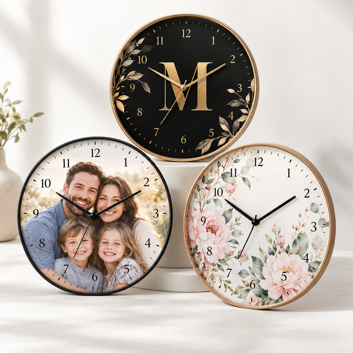 Personalized sublimation wall clocks with monogram, family photo and floral designs