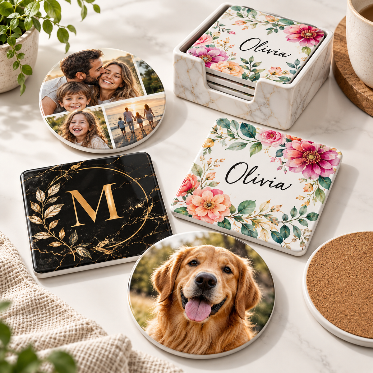 Personalized round and square sublimation coasters with holder