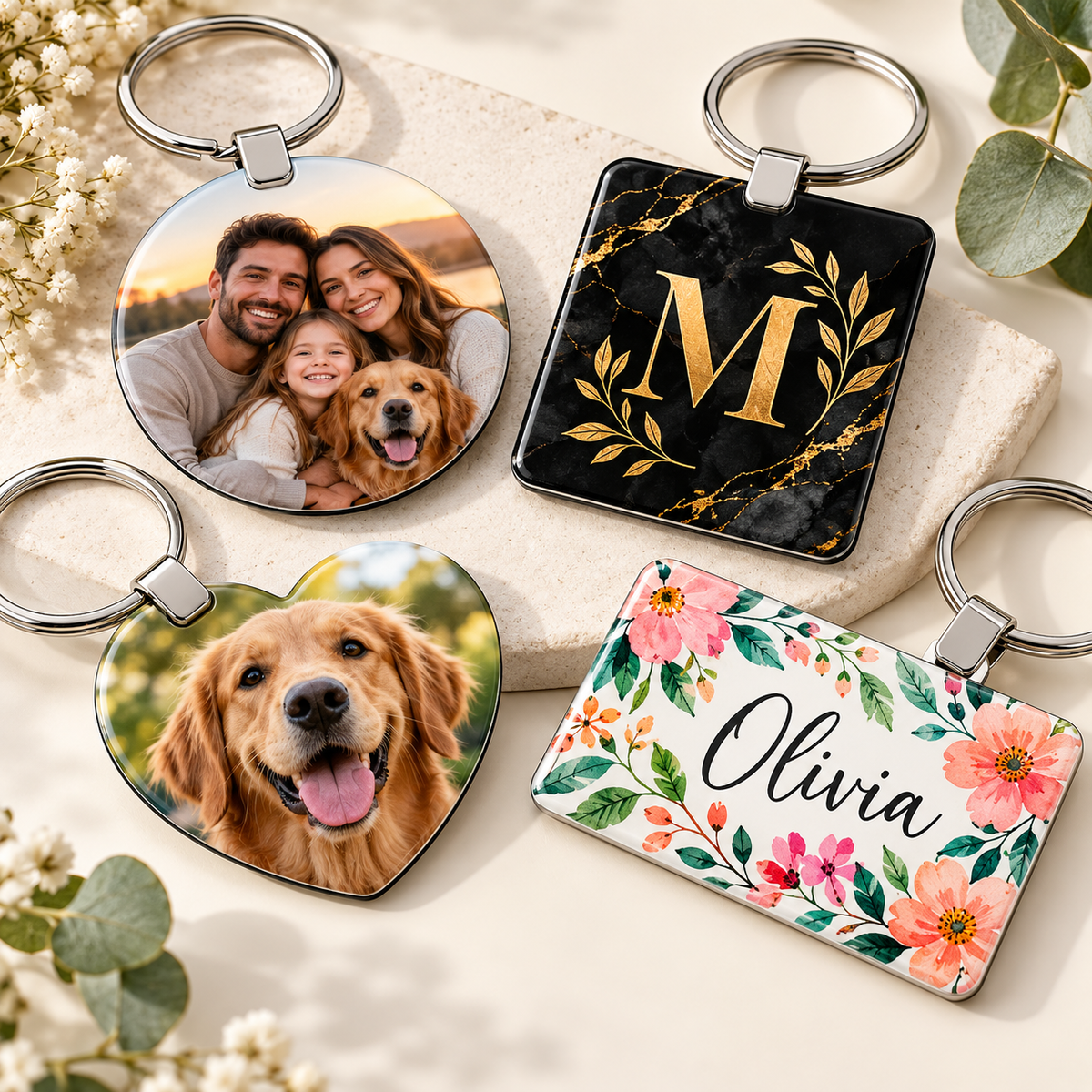 Personalized sublimation keychains in round, square, heart and rectangular shapes