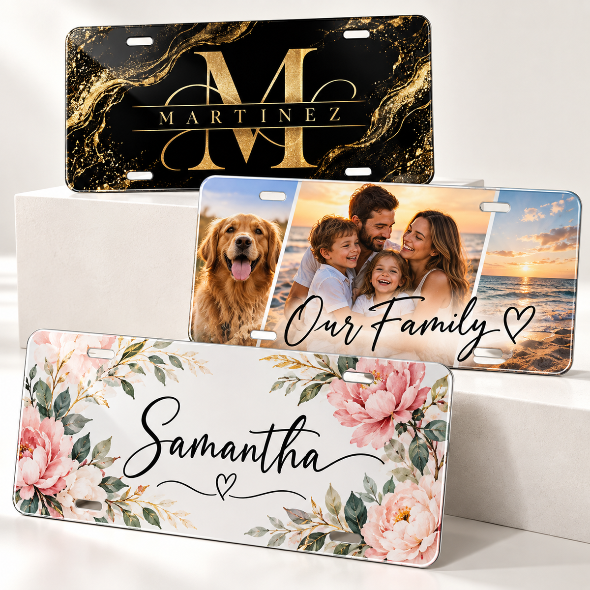 Decorative personalized sublimation license plates with monogram, photo and floral designs