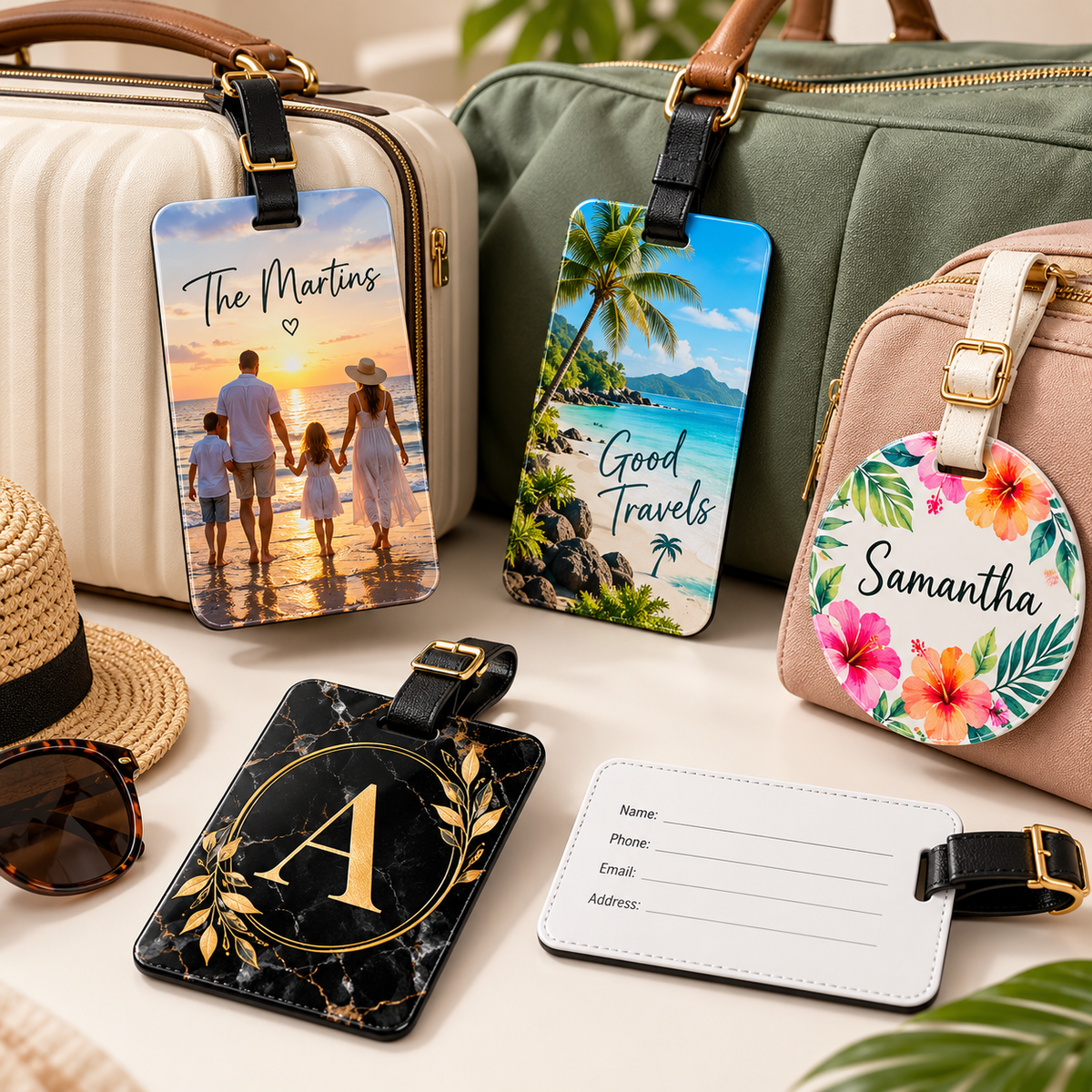 Personalized luggage tags with photo, monogram and travel designs