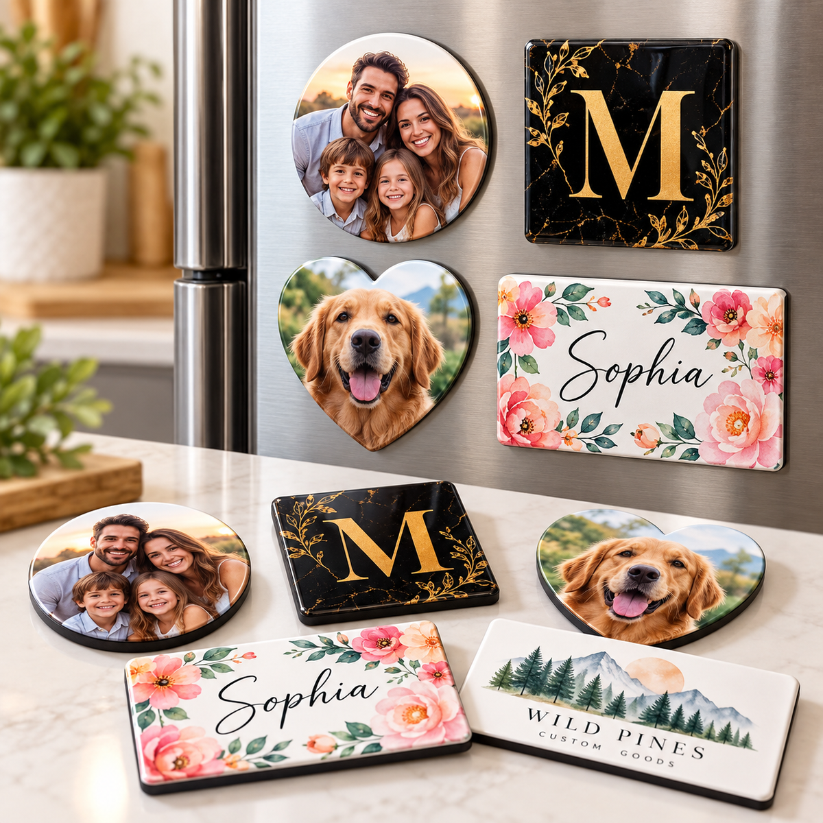 Personalized sublimation magnets with photo, pet, monogram, floral and business designs