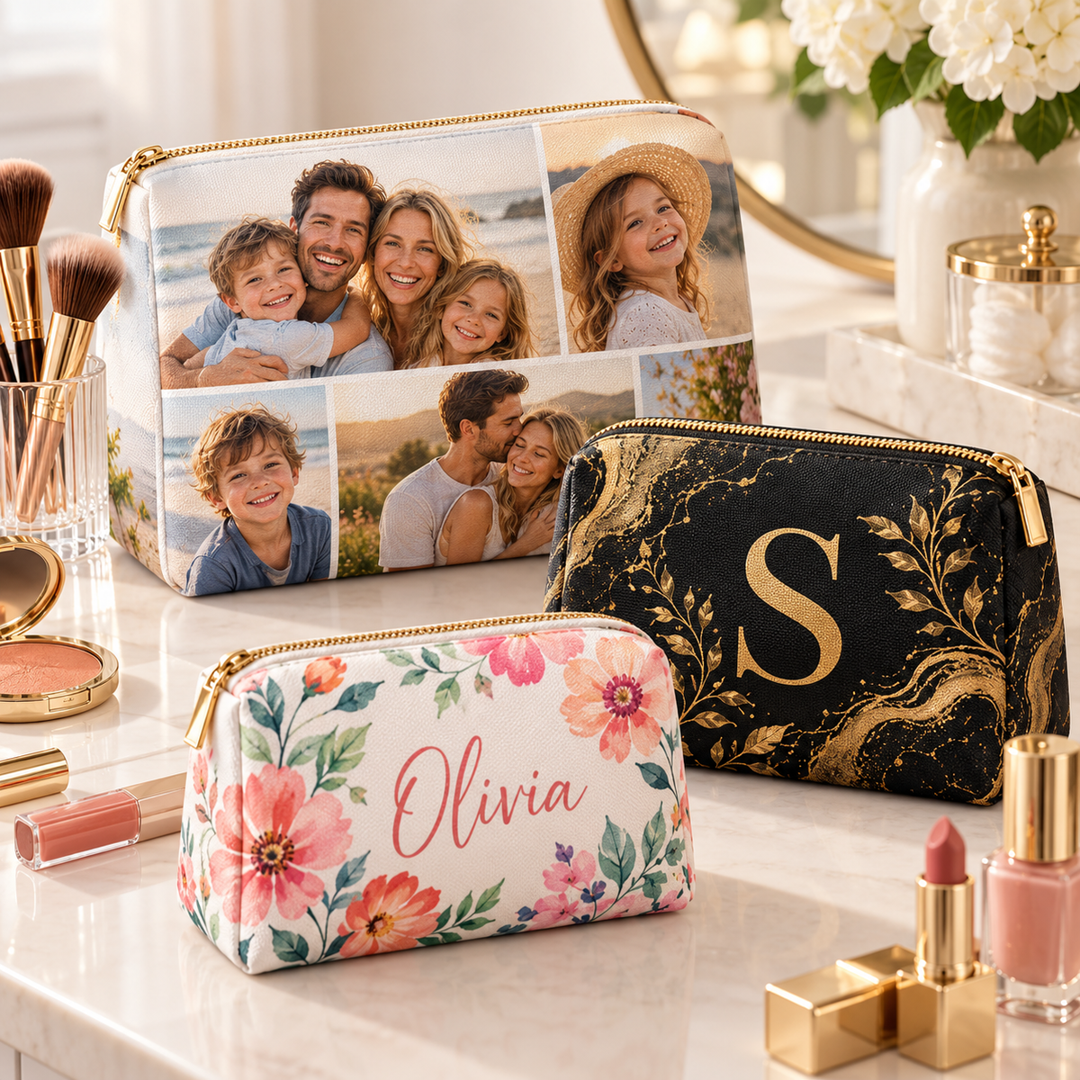 Personalized sublimation makeup bags with photo, monogram and floral designs