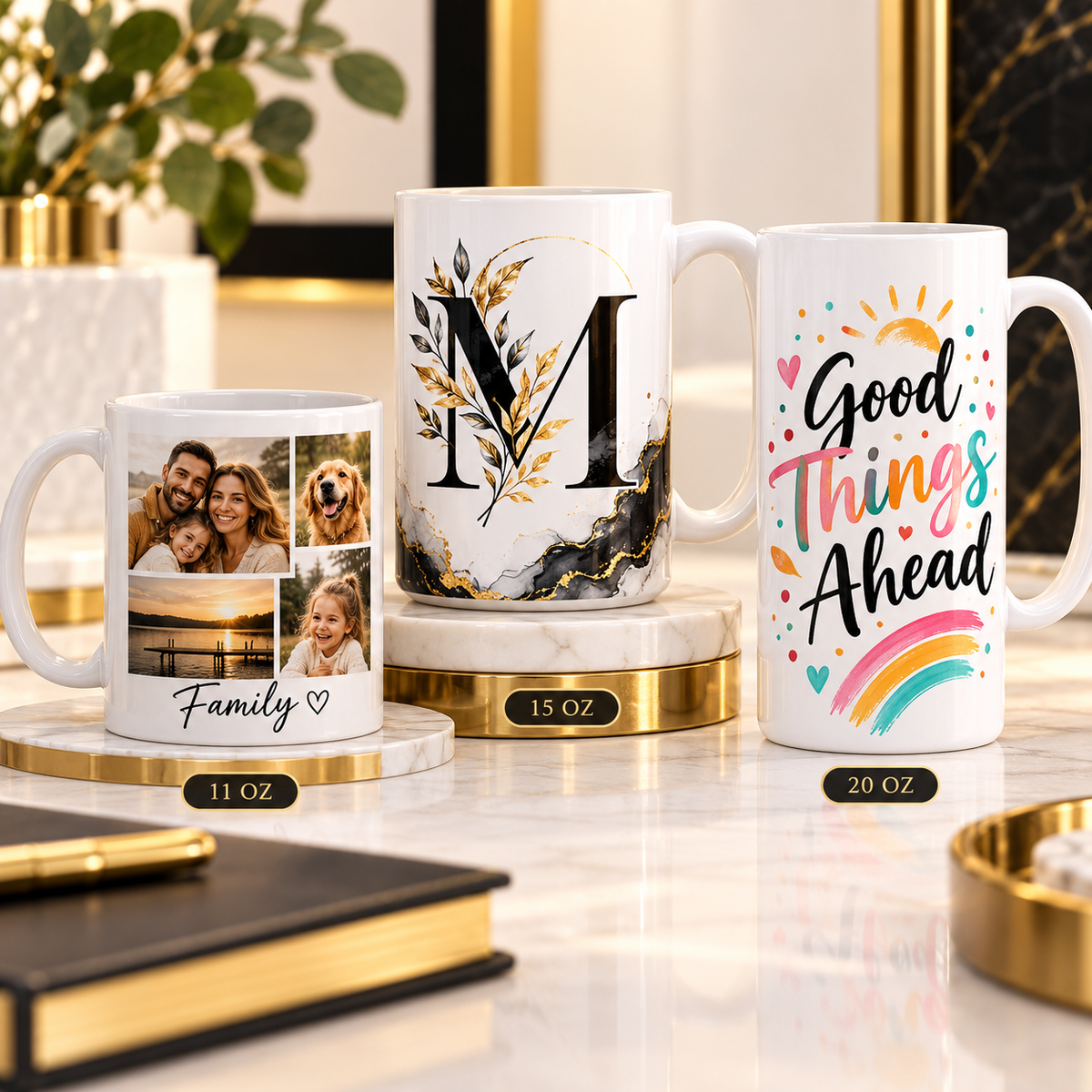 Personalized sublimation mugs in 11 oz, 15 oz and 20 oz styles
