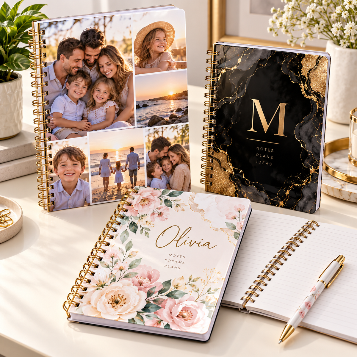 Personalized sublimation notebooks and journals with photo, monogram and floral covers
