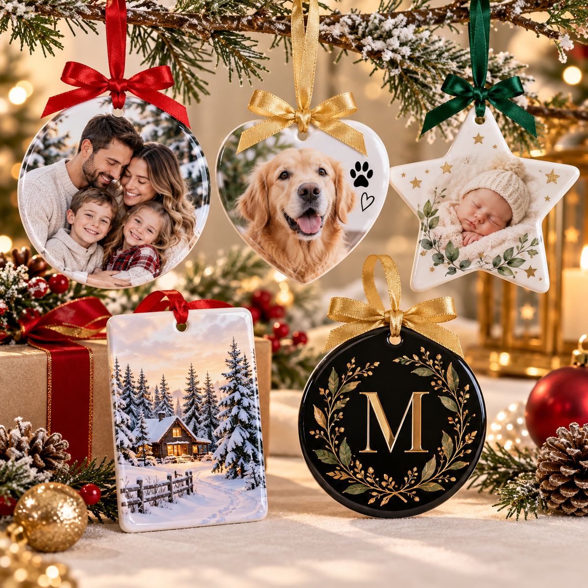 Personalized sublimation ornaments in round, heart, star and rectangular shapes