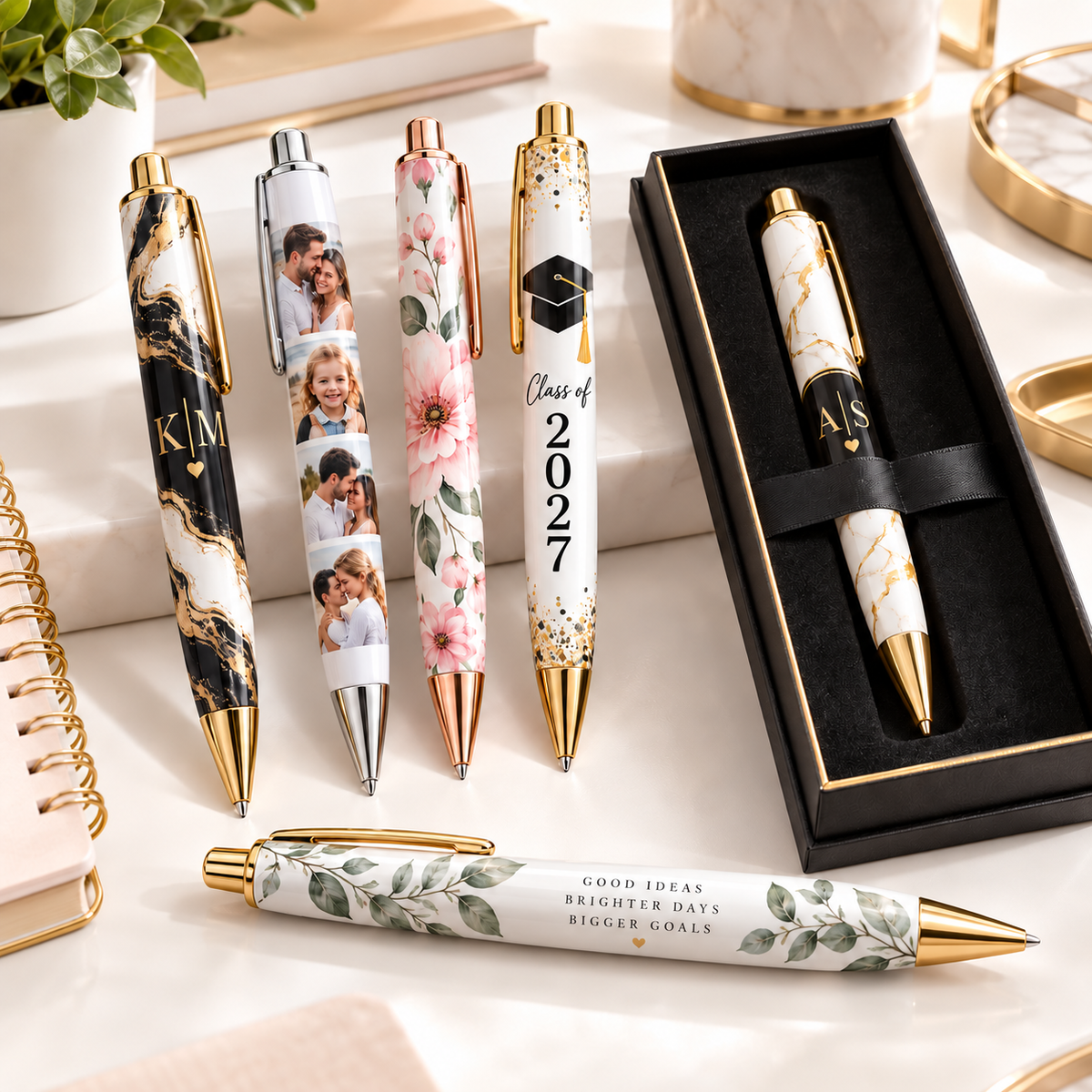 Personalized sublimation pens with photo, floral, monogram and graduation designs