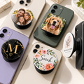 Personalized phone grips with photo, pet, monogram, floral and business designs