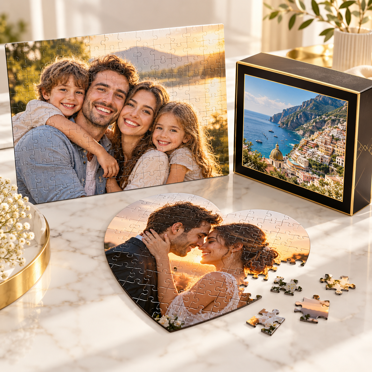 Personalized photo puzzles in rectangular and heart shapes