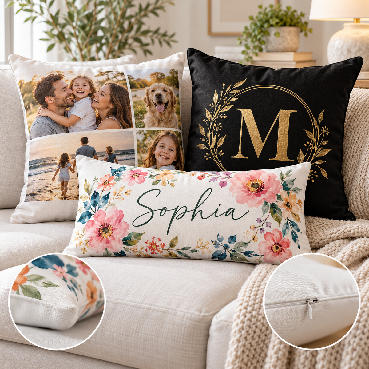 Personalized sublimation pillow covers with photo, monogram and floral designs