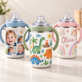 Personalized sublimation sippy cups with photo, dinosaur and rainbow designs