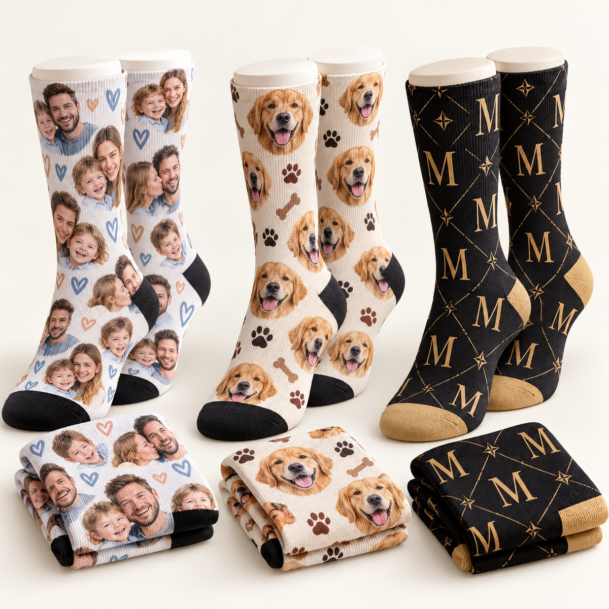 Personalized sublimation socks with family photo, pet and monogram patterns