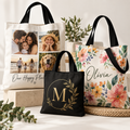 Personalized sublimation tote bags with photo, monogram and floral designs