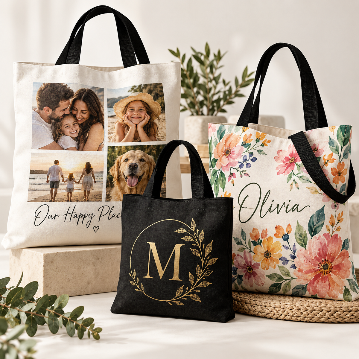 Personalized sublimation tote bags with photo, monogram and floral designs