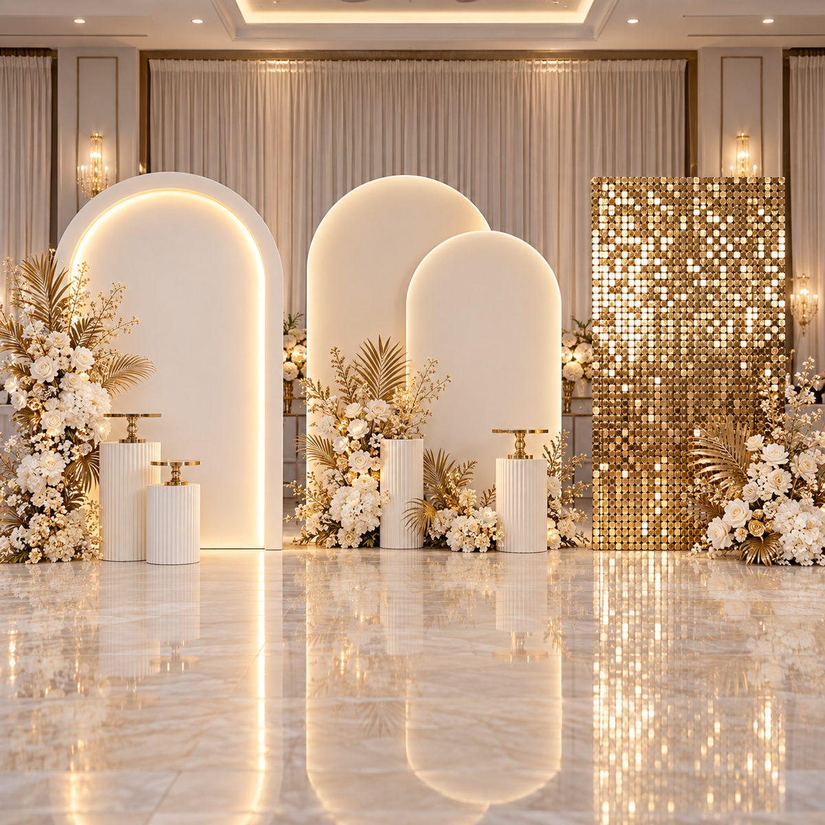 Event backdrop rental options with arch panels and gold shimmer wall