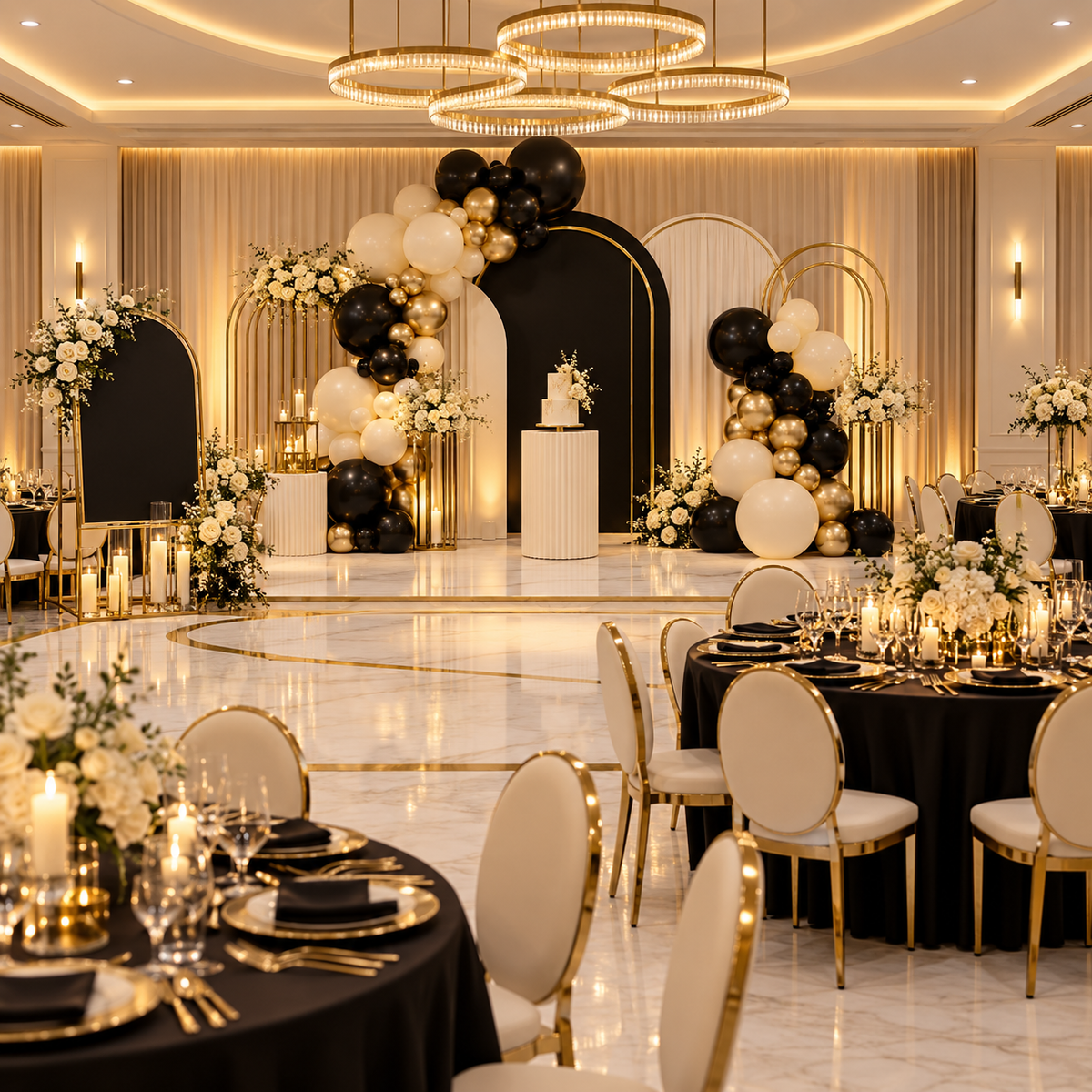 Complete black, ivory and gold event décor setup