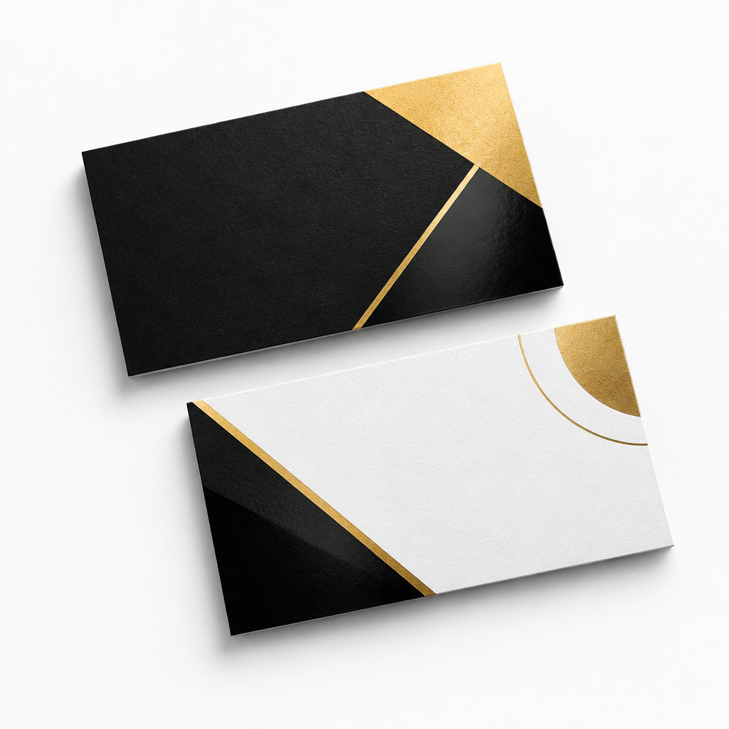 Two landscape business cards with black, white, and gold design on a white background