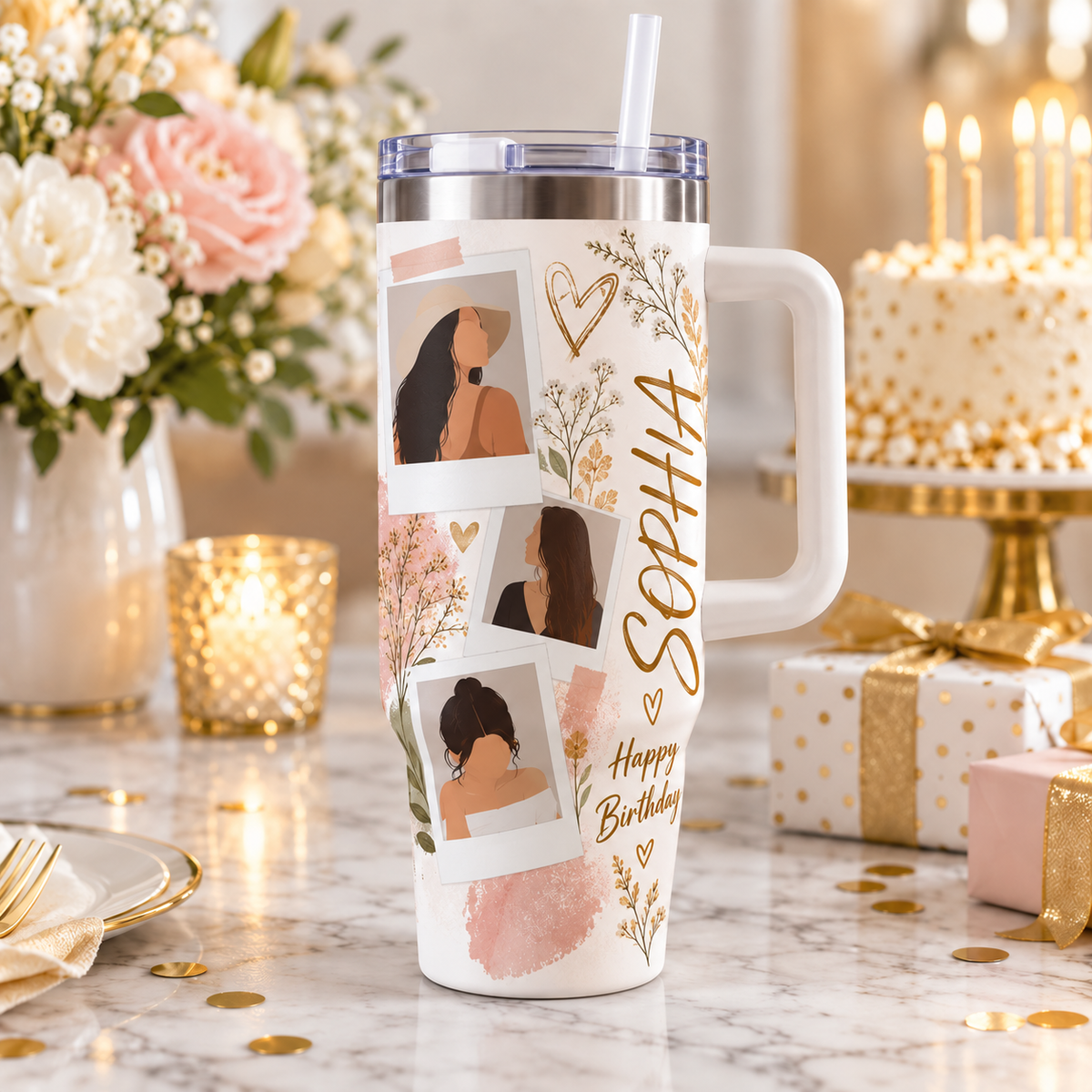 Personalized 40-ounce birthday tumbler with the sample name Sophia