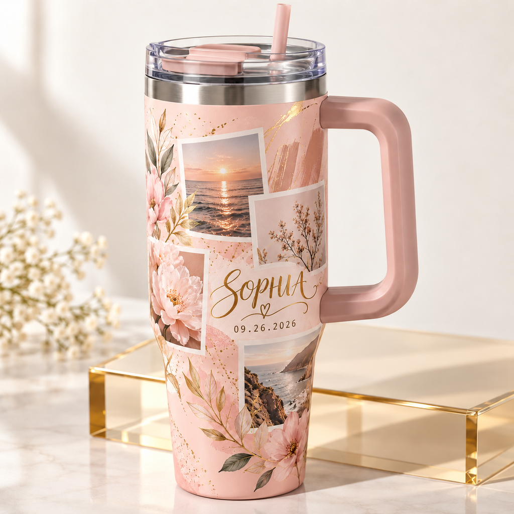 Close-up of a personalized floral tumbler with the sample name Sophia