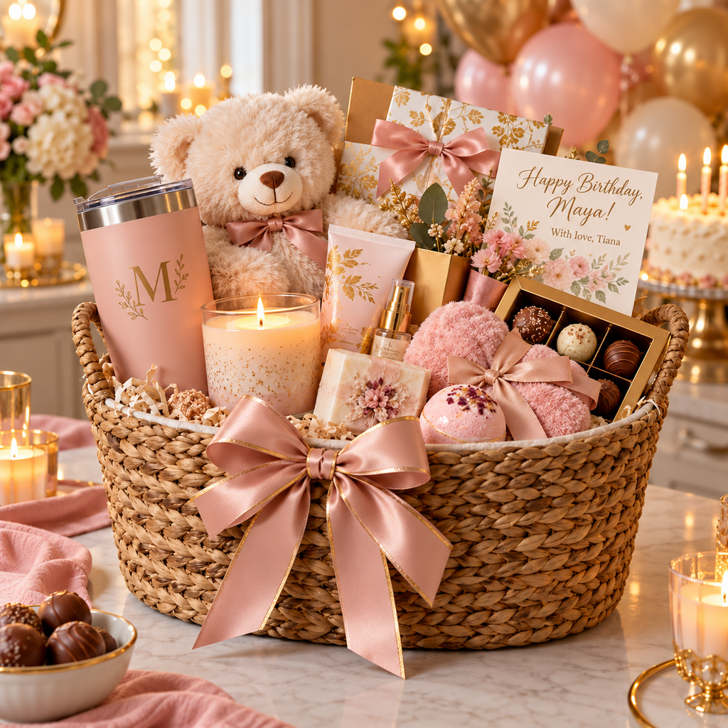 Personalized birthday gift basket with a sample message for Maya