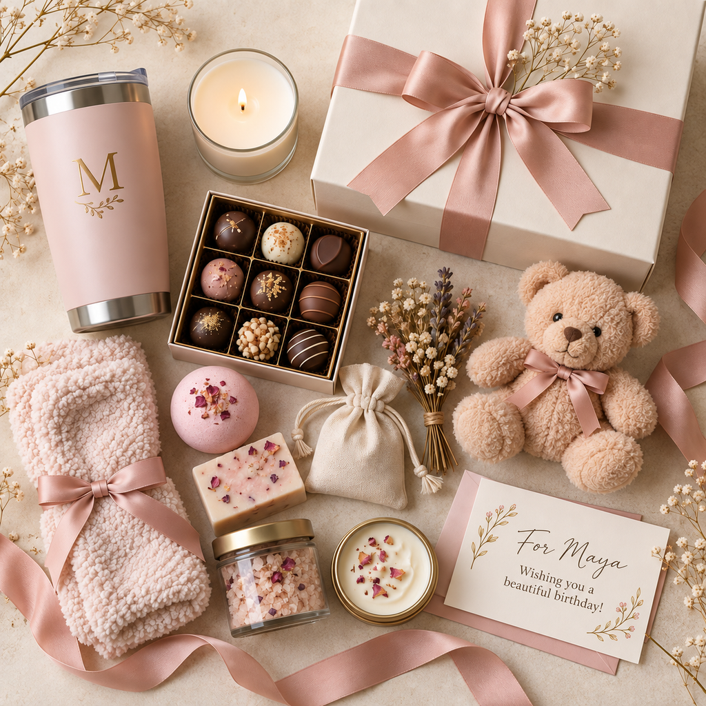 Gift basket contents with a personalized sample card for Maya