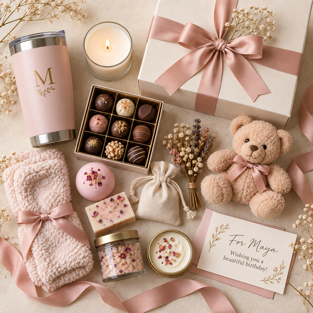 Gift basket contents with a personalized sample card for Maya