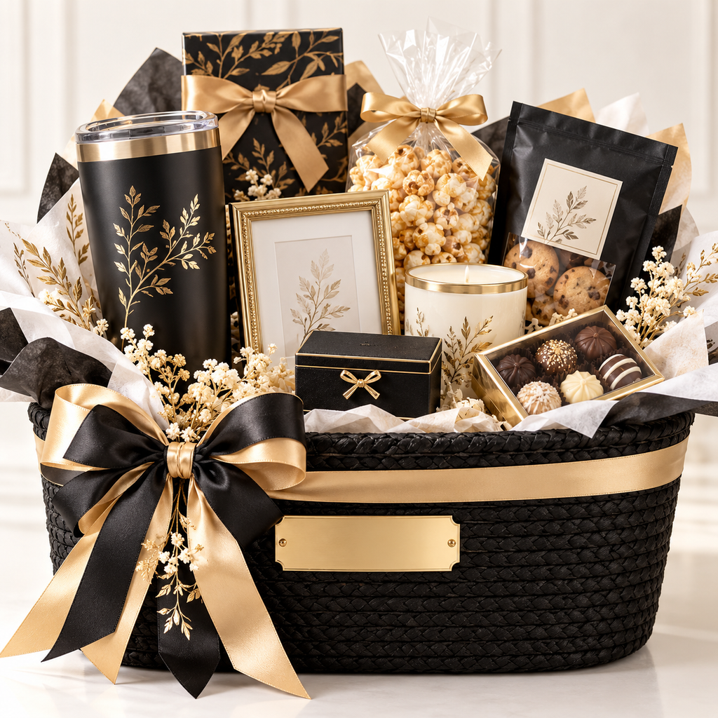 Luxury personalized gift basket with custom tumbler, frame and treats