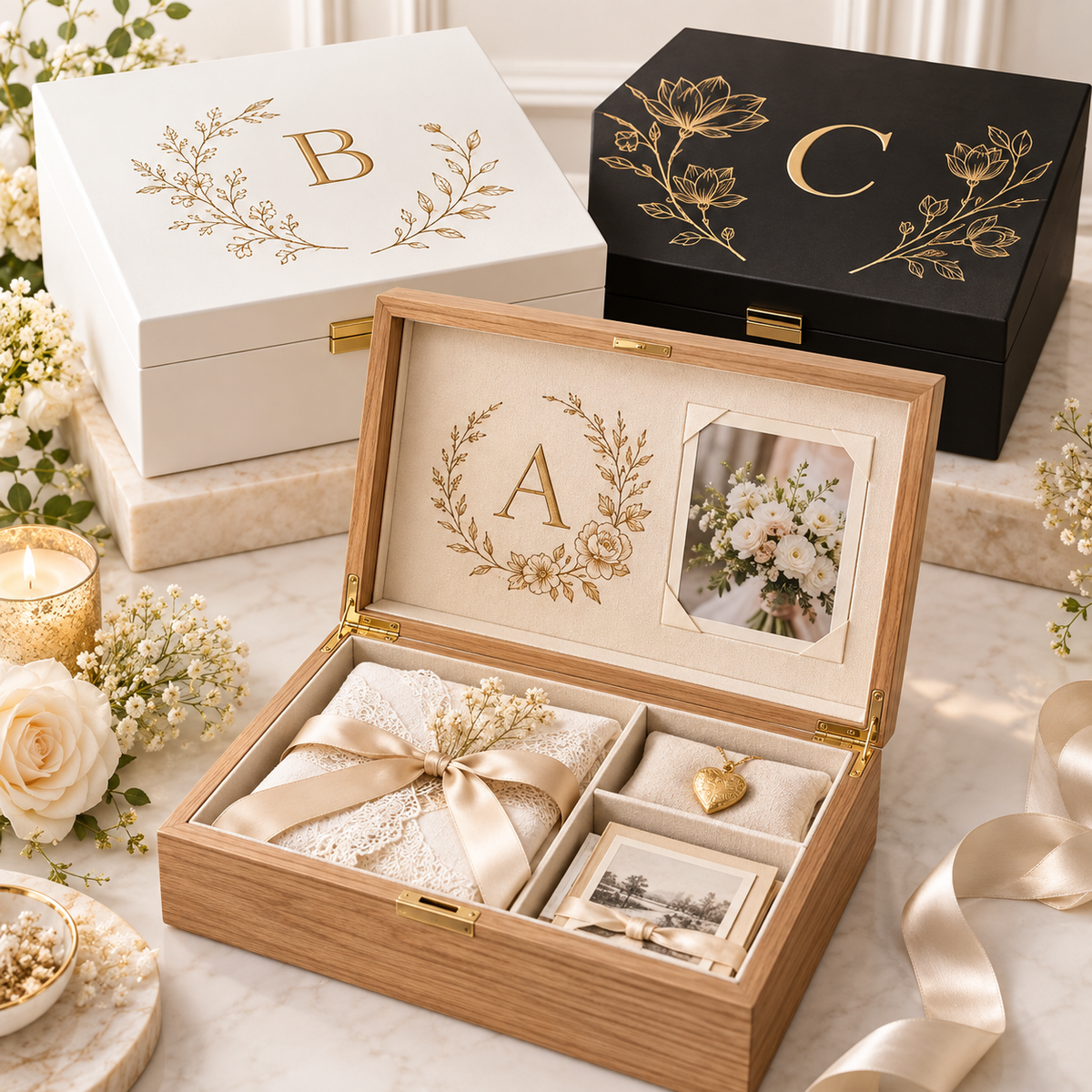 Personalized wooden, white and black keepsake gift boxes