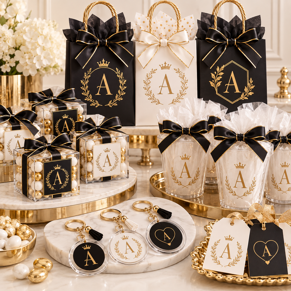 Personalized party favors with custom treat boxes, cups and keychains