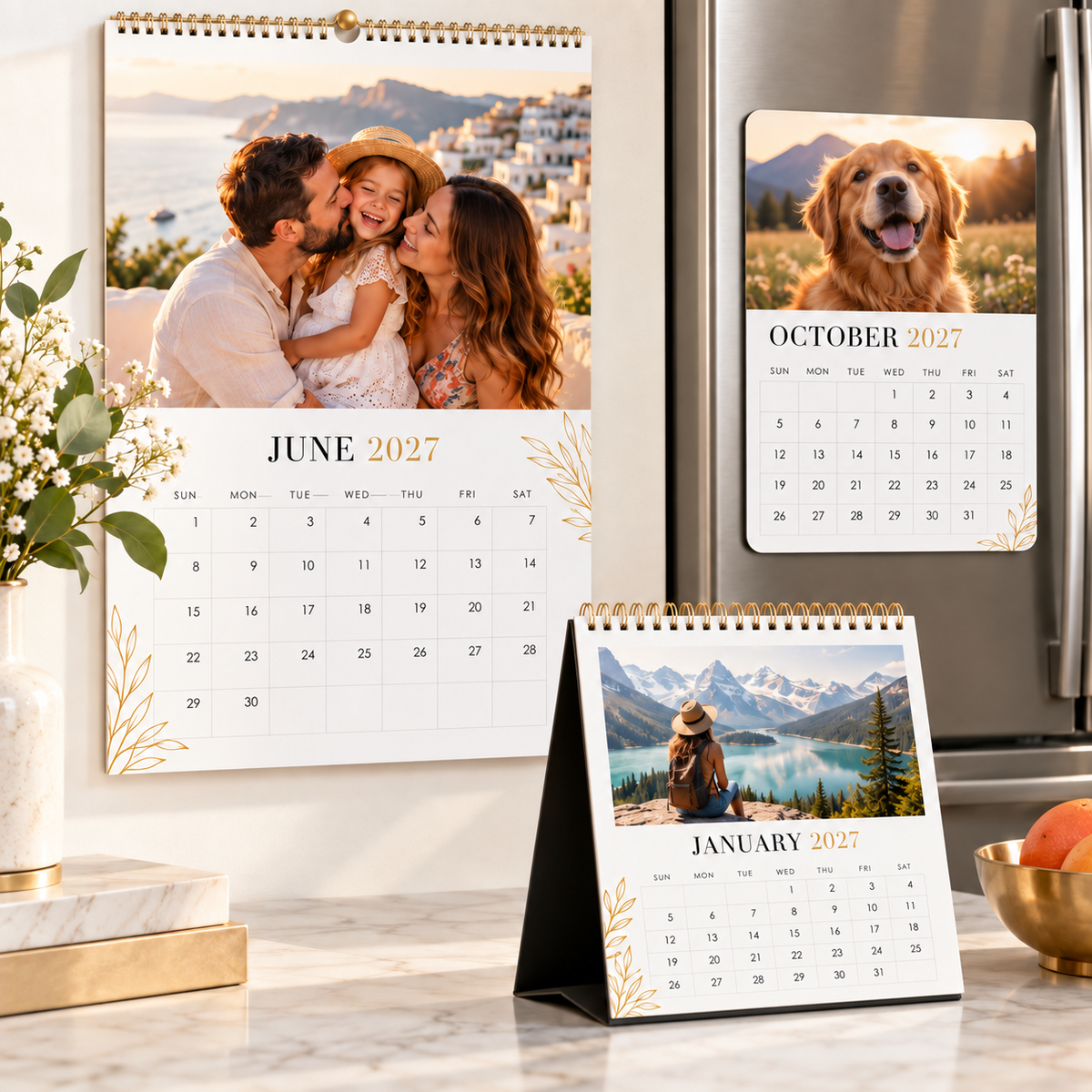 Personalized 2027 photo calendars in wall, desktop and magnetic formats